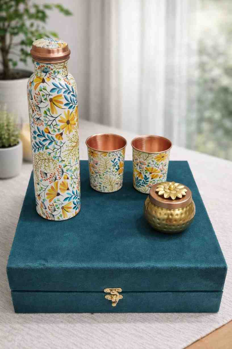 Pure Copper Gift Set – Premium Copper Bottle with 2 Glasses and Gold Plated Metal Jar 5 Pure Copper Gift Set – Premium Copper Bottle with 2 Glasses and Gold Plated Metal Jar