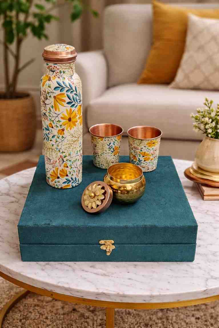Pure Copper Gift Set – Premium Copper Bottle with 2 Glasses and Gold Plated Metal Jar 4 Pure Copper Gift Set – Premium Copper Bottle with 2 Glasses and Gold Plated Metal Jar