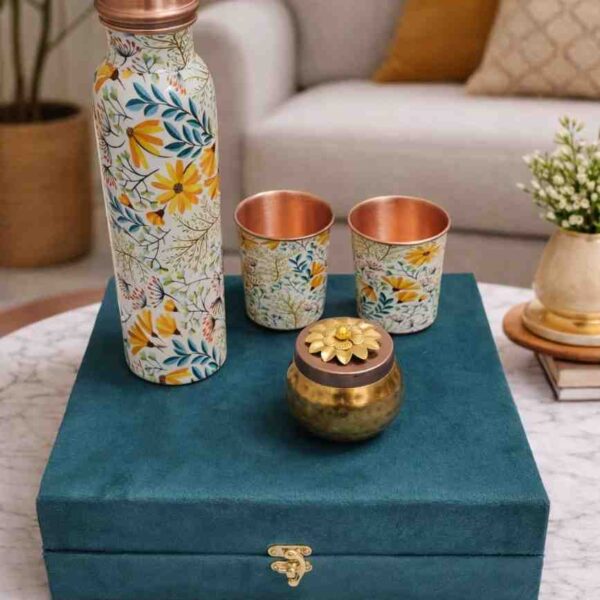 Premium Pure Copper Gift Set in velvet box with copper bottle and jar