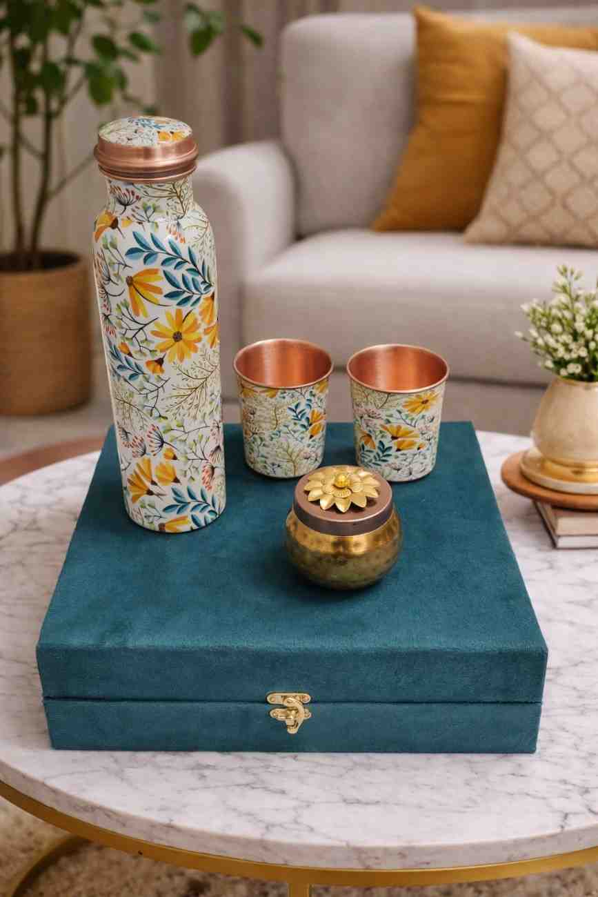 Pure Copper Gift Set – Premium Copper Bottle with 2 Glasses and Gold Plated Metal Jar 2 Pure Copper Gift Set – Premium Copper Bottle with 2 Glasses and Gold Plated Metal Jar