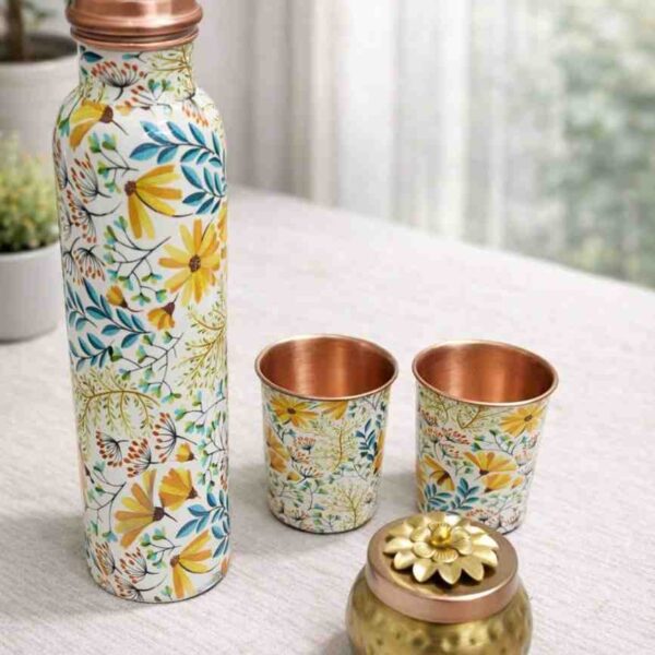 Pure Copper Gift Set – Premium Copper Bottle with 2 Glasses and Gold Plated Metal Jar