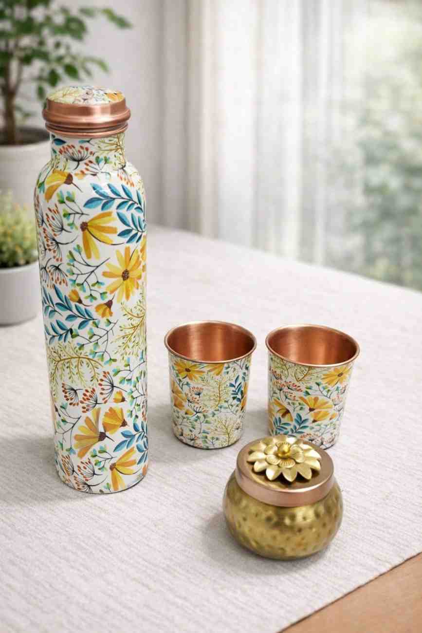 Pure Copper Gift Set – Premium Copper Bottle with 2 Glasses and Gold Plated Metal Jar 1 Pure Copper Gift Set – Premium Copper Bottle with 2 Glasses and Gold Plated Metal Jar
