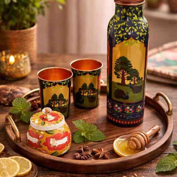 Copper Wedding Gift Set – Premium Pure Copper Bottle with 2 Glasses and Decorative Jar