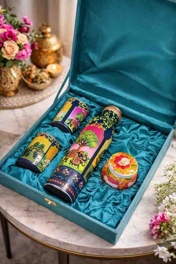 Copper Wedding Gift Set – Premium Pure Copper Bottle with 2 Glasses and Decorative Jar