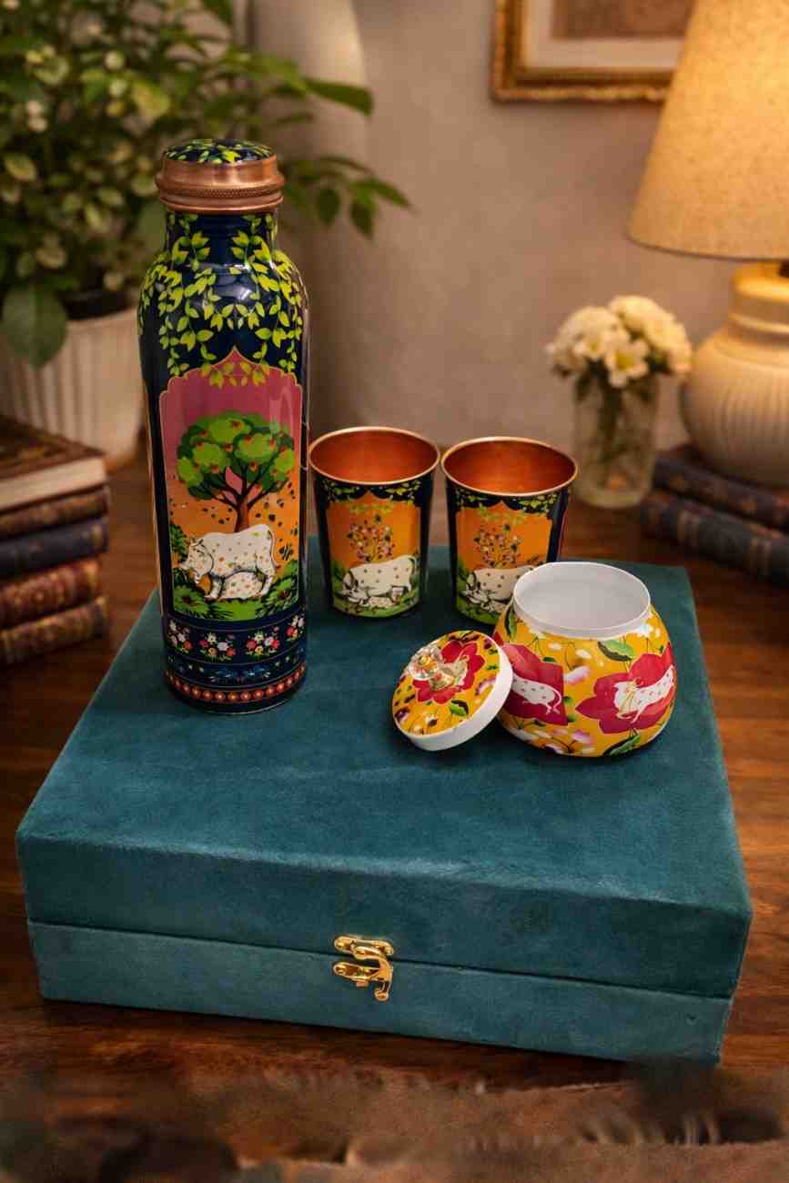 Copper Wedding Gift Set – Premium Pure Copper Bottle with 2 Glasses and Decorative Jar