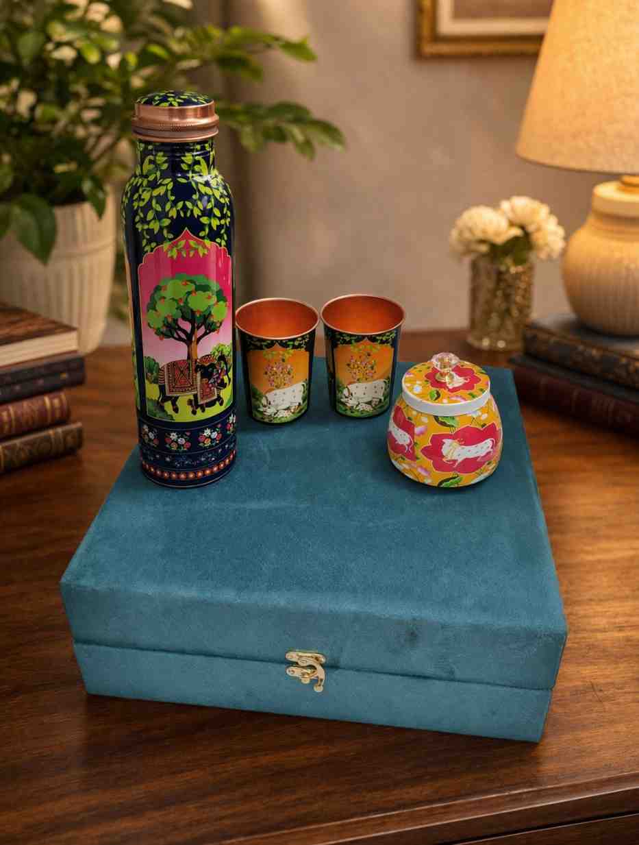 Copper Wedding Gift Set – Premium Pure Copper Bottle with 2 Glasses and Decorative Jar