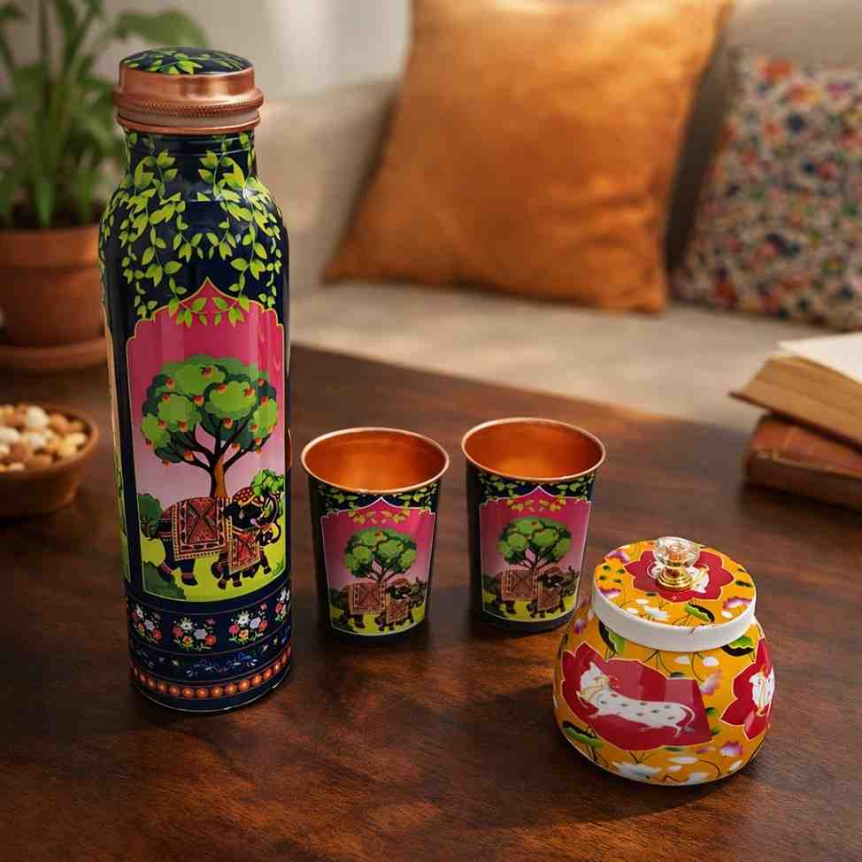 Copper Wedding Gift Set – Premium Pure Copper Bottle with 2 Glasses and Decorative Jar