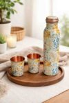 Pure Copper Bottle Set – Premium Floral Printed Copper Water Bottle with 2 Glasses Gift Set