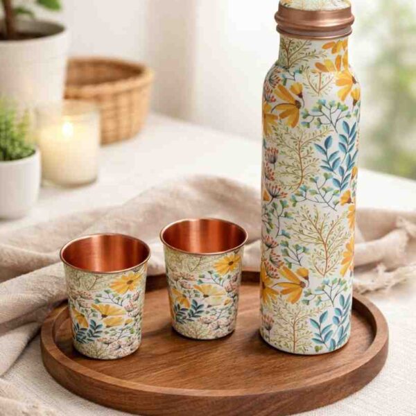 Pure Copper Bottle Set – Premium Floral Printed Copper Water Bottle with 2 Glasses Gift Set