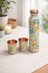 Pure Copper Bottle Set – Premium Floral Printed Copper Water Bottle with 2 Glasses Gift Set