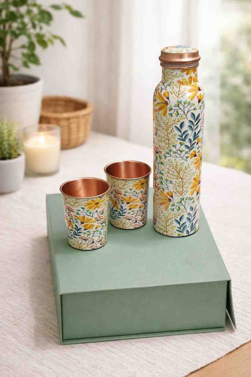 Pure Copper Bottle Set – Premium Floral Printed Copper Water Bottle with 2 Glasses Gift Set 3 Pure Copper Bottle Set – Premium Floral Printed Copper Water Bottle with 2 Glasses Gift Set