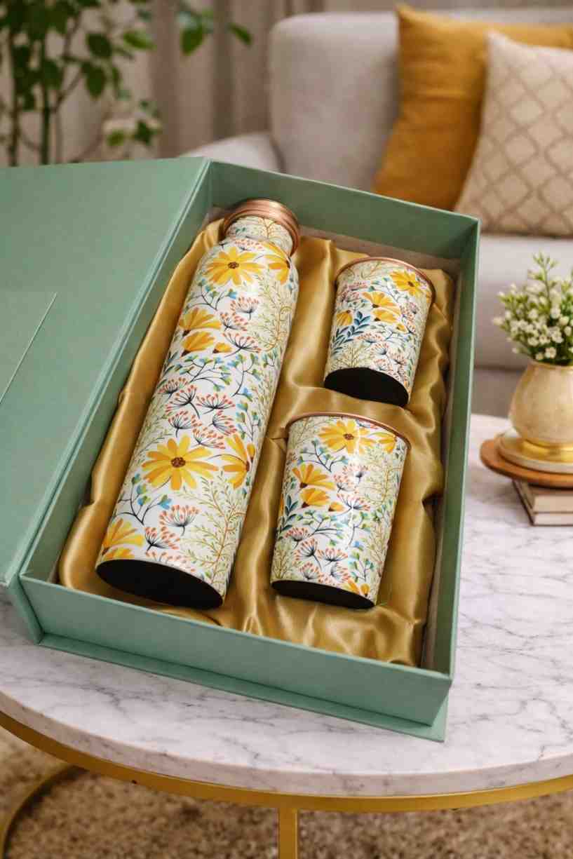 Pure Copper Bottle Set – Premium Floral Printed Copper Water Bottle with 2 Glasses Gift Set 2 Pure Copper Bottle Set – Premium Floral Printed Copper Water Bottle with 2 Glasses Gift Set