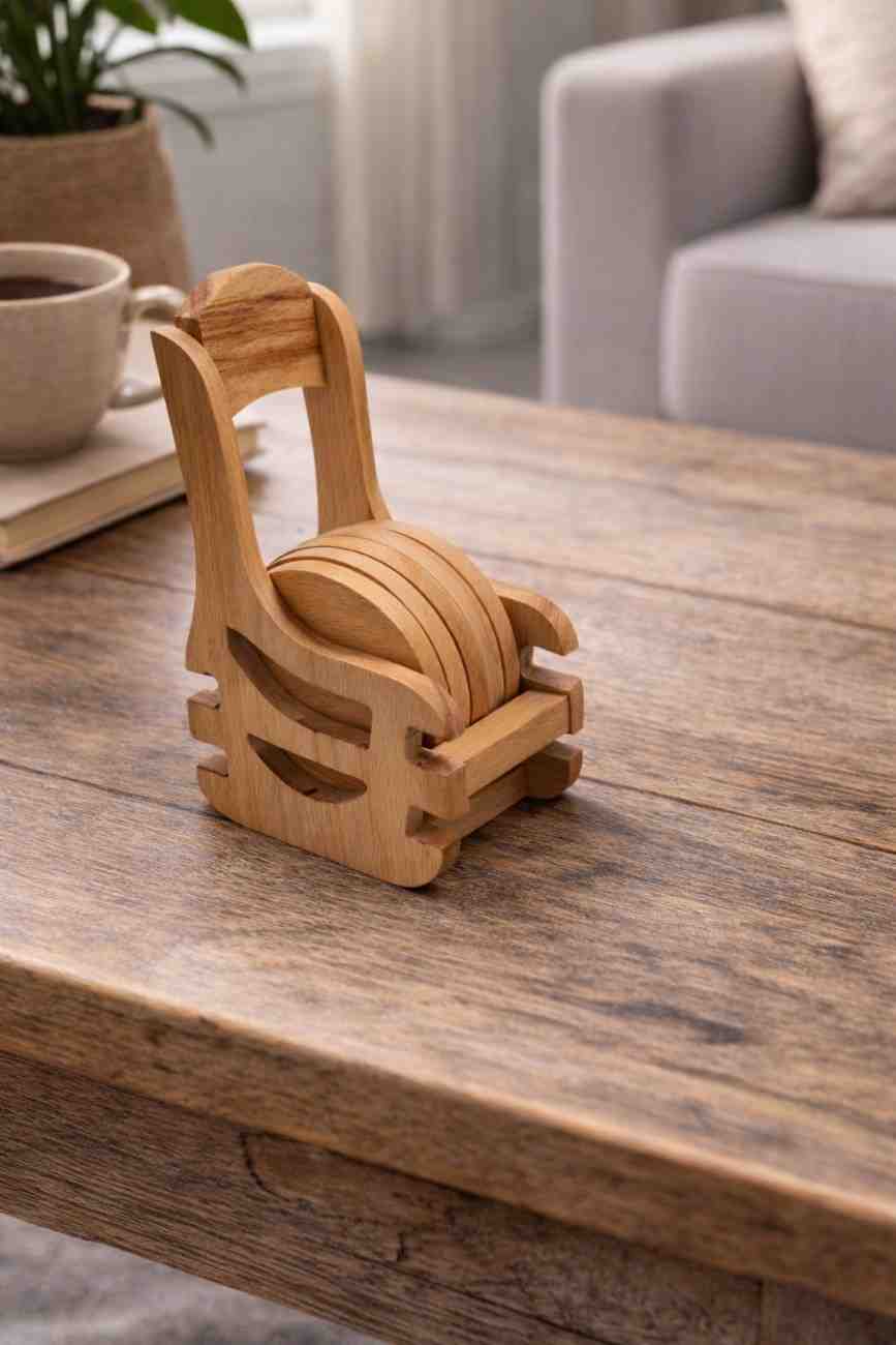 Wooden Coaster Set with Holder – Premium Wooden Table Coasters for Home and Gifting