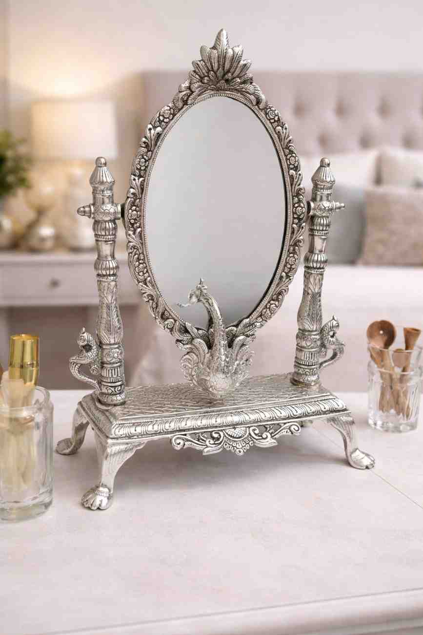 German Silver Decorative Peacock Table Mirror for Home Décor and Premium Gifting