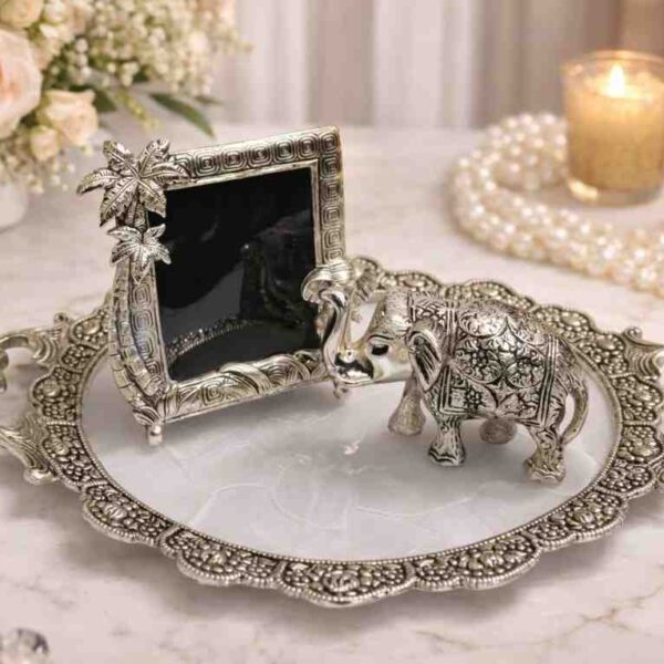 German Silver Gift Combo Set with Tray, Photo Frame and Elephant