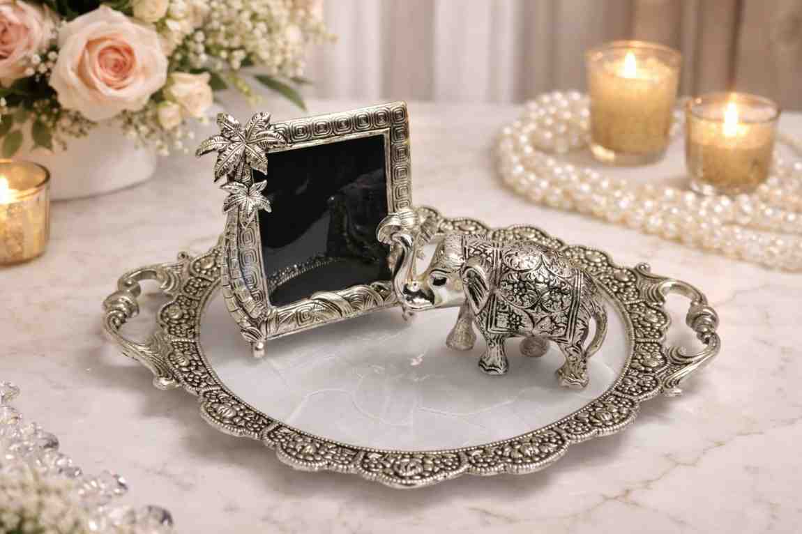 German Silver Gift Combo Set with Tray, Photo Frame and Elephant