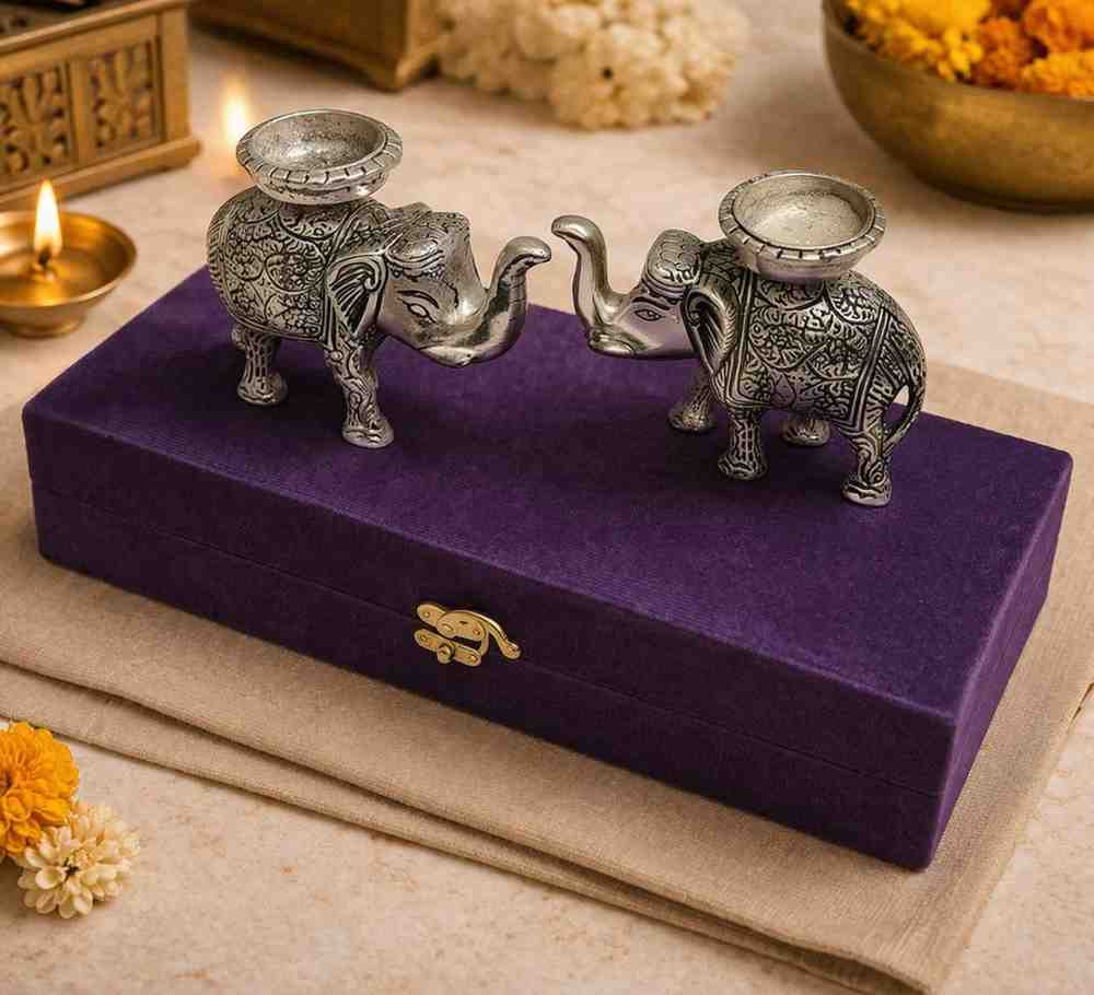 German Silver Elephant Tealight Holder Set – Premium Wedding Gift and Home Decor Gift Item