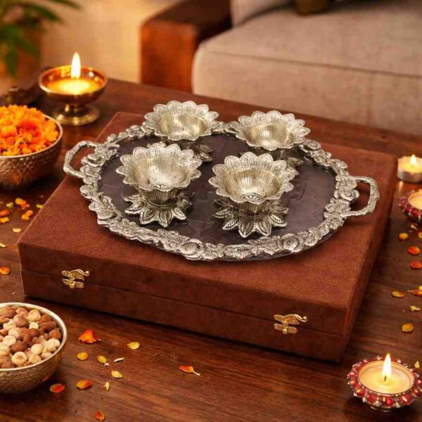 German Silver Dry Fruit Serving Gift Set – Premium Wedding Gift Item with Tray and Bowls