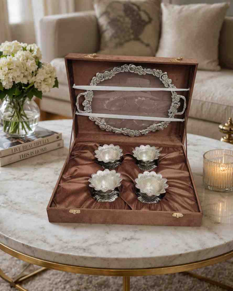 German Silver Dry Fruit Serving Gift Set – Premium Wedding Gift Item with Tray and Bowls