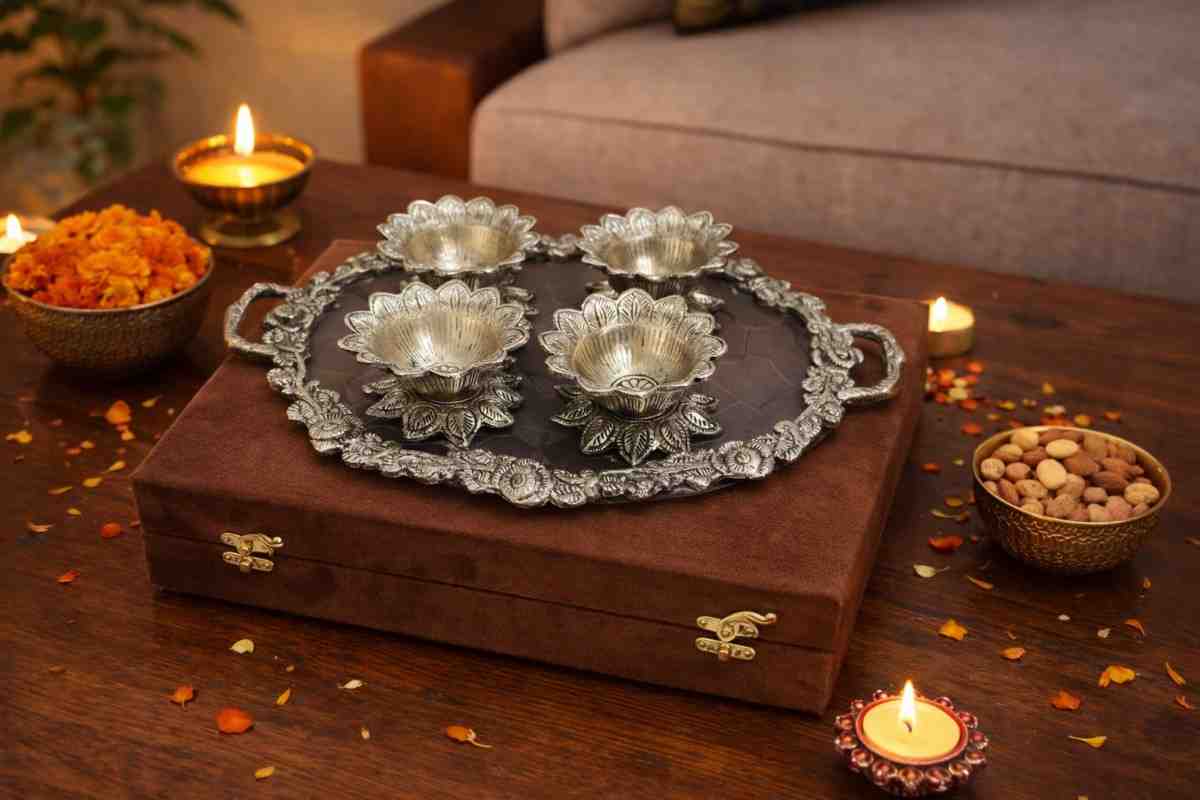 German Silver Dry Fruit Serving Gift Set – Premium Wedding Gift Item with Tray and Bowls