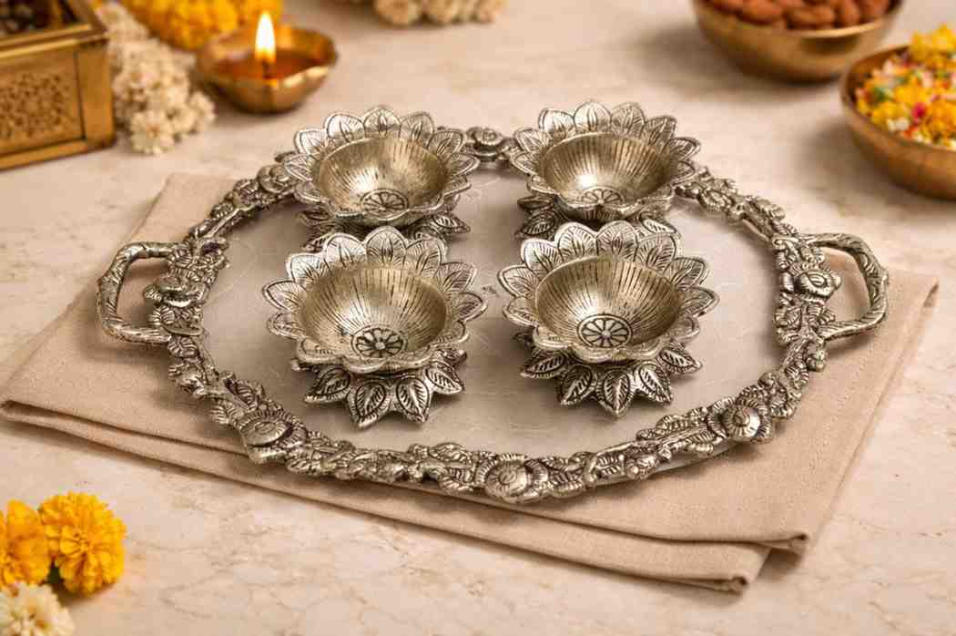 German Silver Dry Fruit Serving Gift Set – Premium Wedding Gift Item with Tray and Bowls