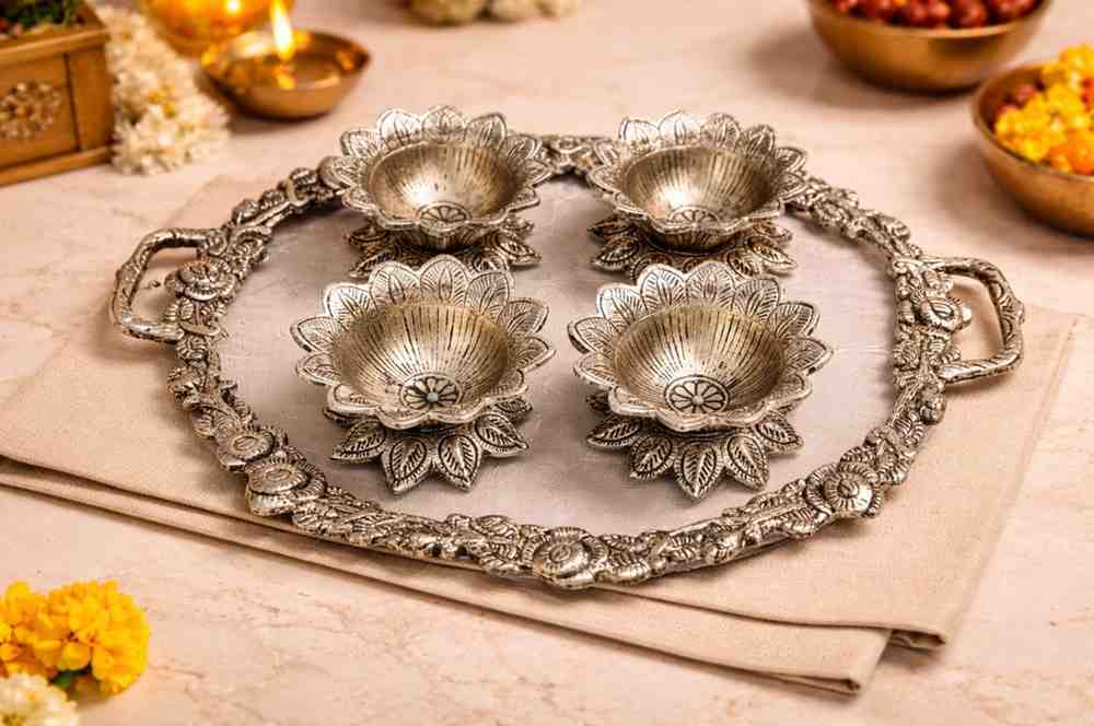 German Silver Dry Fruit Serving Gift Set – Premium Wedding Gift Item with Tray and Bowls