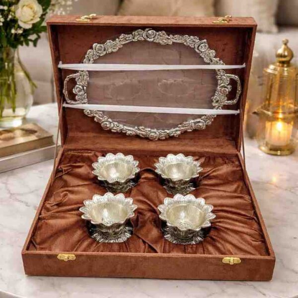 German silver tray set with four decorative bowls