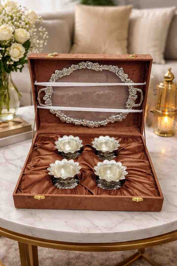 German silver tray set with four decorative bowls