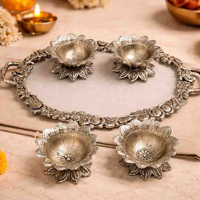 German Silver Dry Fruit Serving Gift Set – Premium Wedding Gift Item with Tray and Bowls