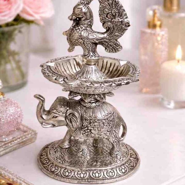 German Silver Elephant Diya with Peacock Design