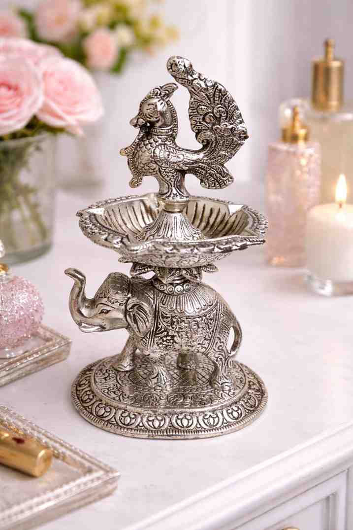 German Silver Elephant Diya with Peacock Design