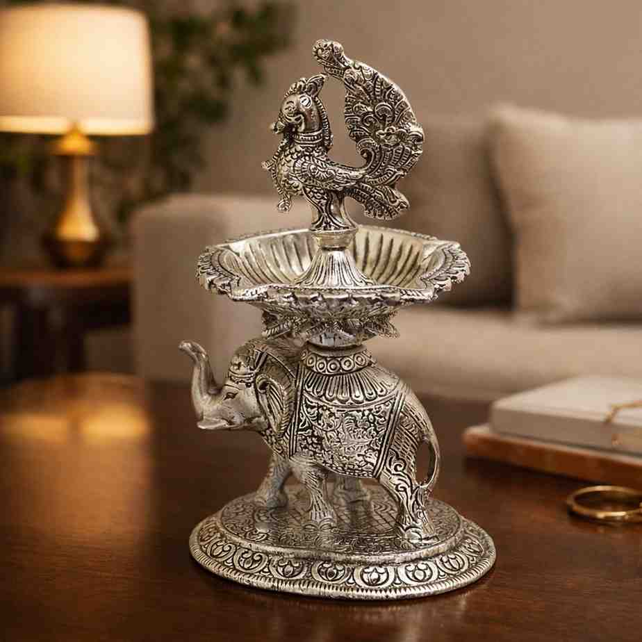 German Silver Elephant Diya with Peacock Design