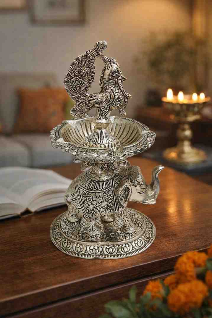 German Silver Elephant Diya with Peacock Design