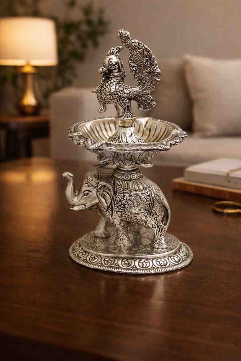 German Silver Elephant Diya with Peacock Design