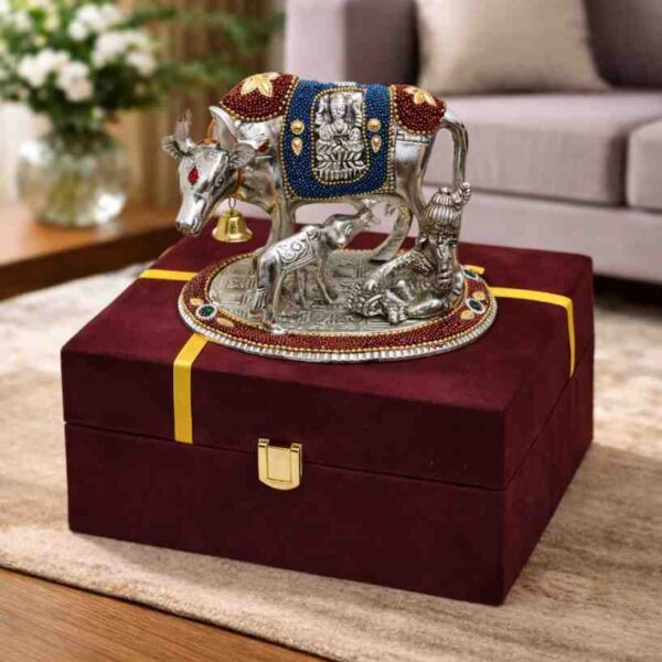 German Silver Kamdhenu Cow with Blue Stone Handwork