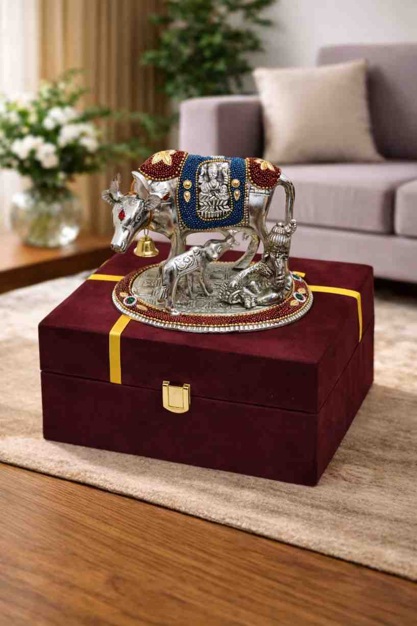 German Silver Kamdhenu Cow with Blue Stone Handwork