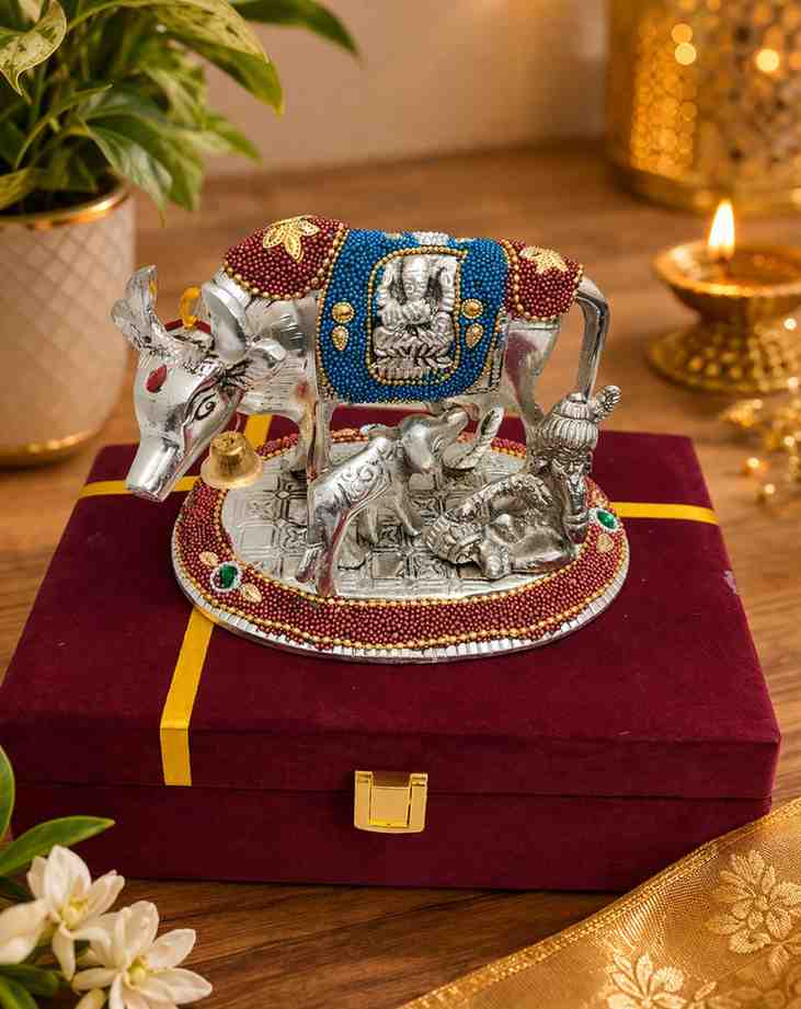 German Silver Kamdhenu Cow with Blue Stone Handwork