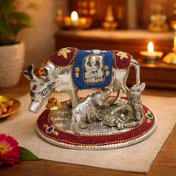 German Silver Kamdhenu Cow with blue hand stone work