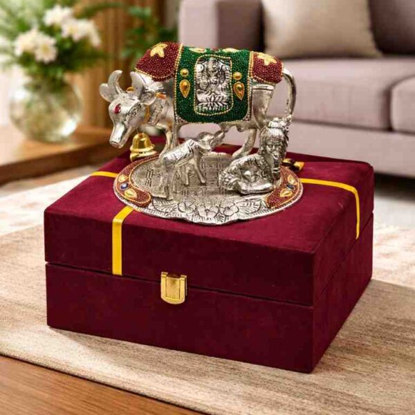 German Silver Kamdhenu Cow with Hand Stone Work