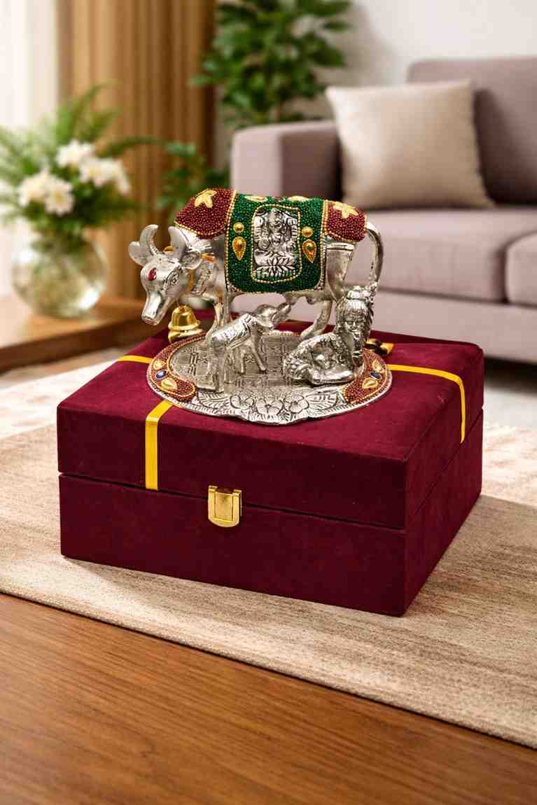 German Silver Kamdhenu Cow with Hand Stone Work