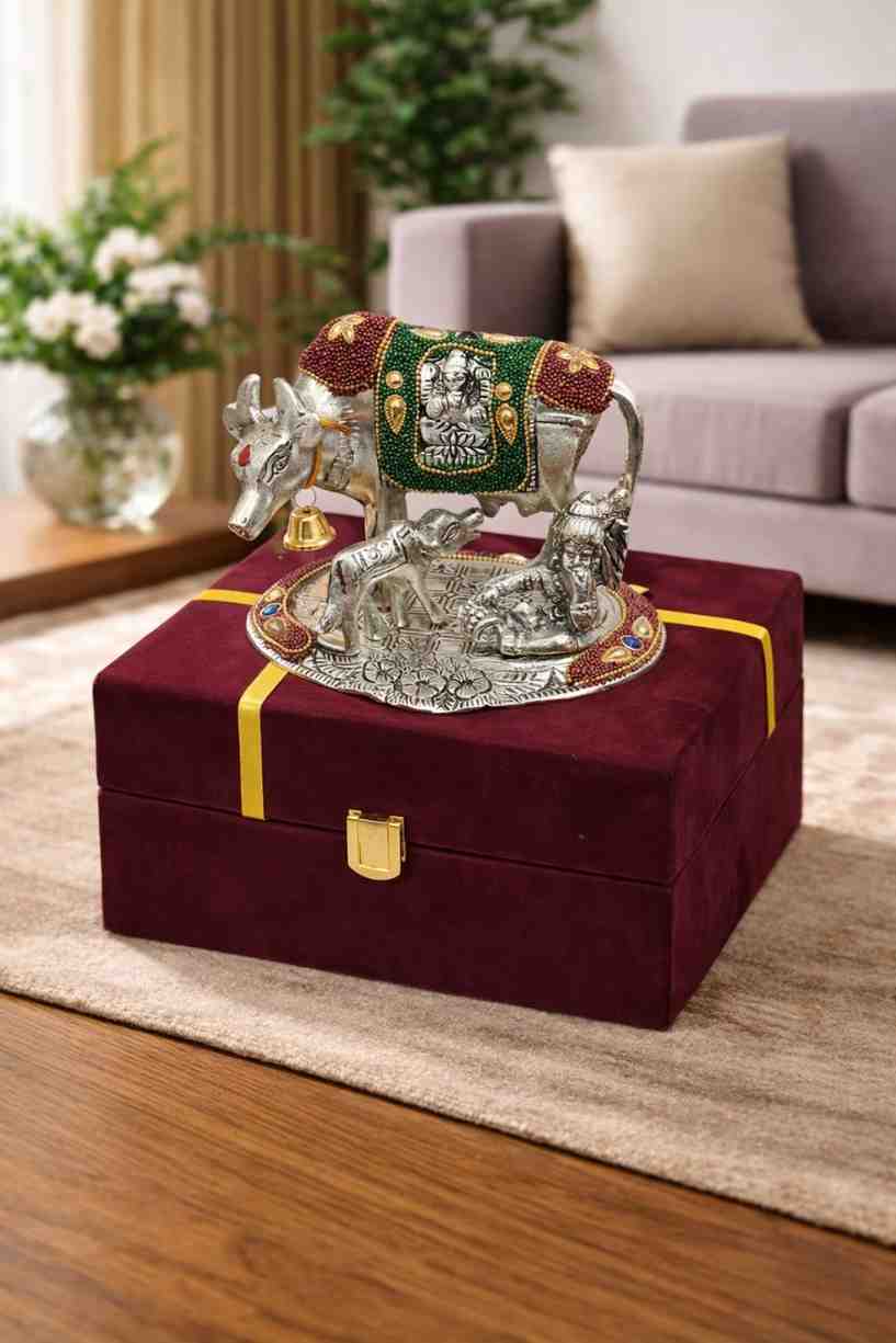 German Silver Kamdhenu Cow with Hand Stone Work
