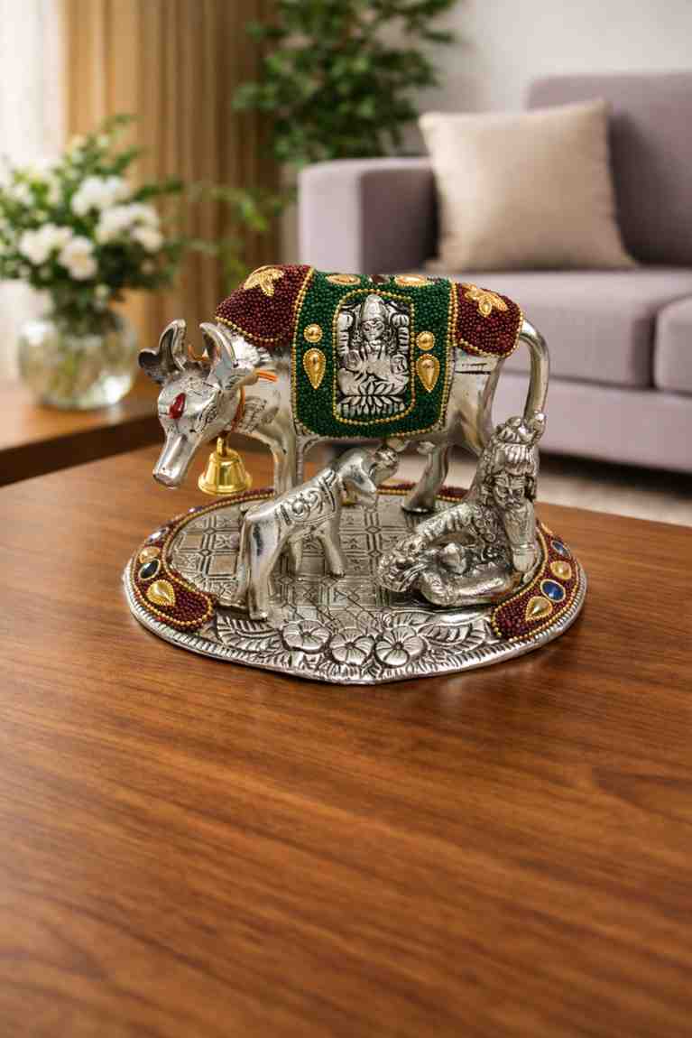 German Silver Kamdhenu Cow with Hand Stone Work