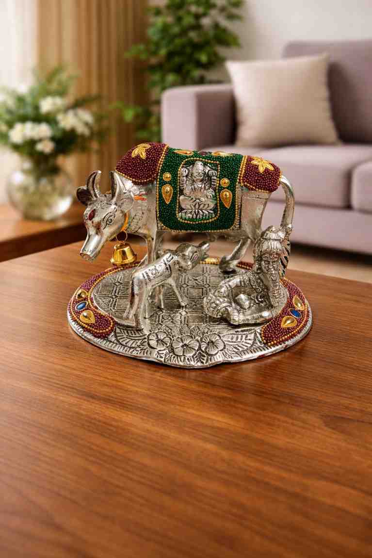 German Silver Kamdhenu Cow with Hand Stone Work