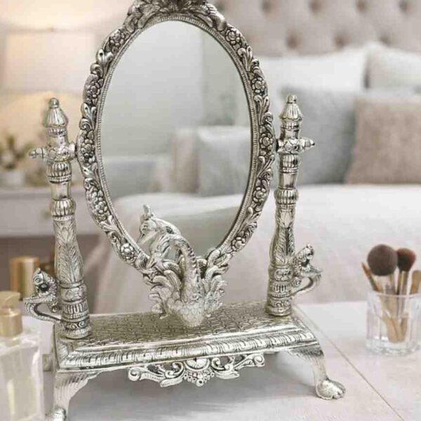 German Silver Decorative Peacock Table Mirror for Home Décor and Premium Gifting