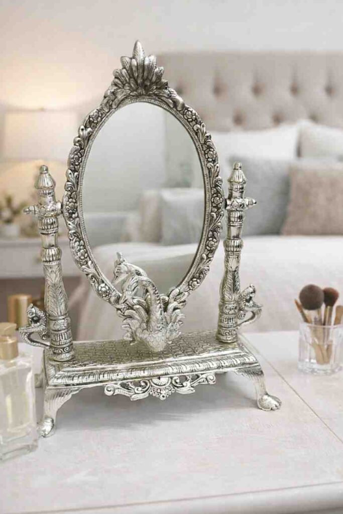 German silver decorative mirror for home décor with peacock design