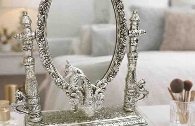 German silver decorative mirror for home décor with peacock design