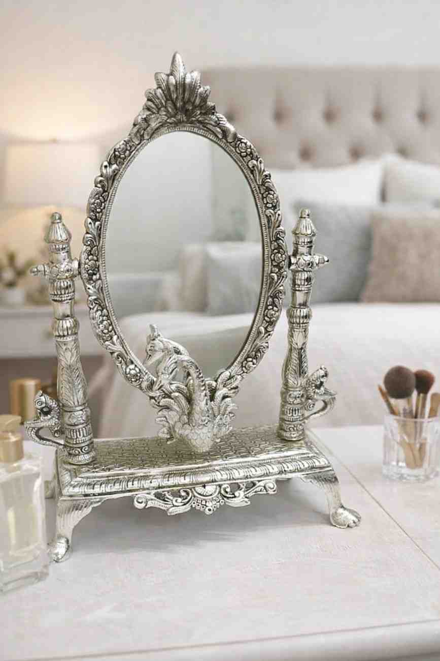 German silver decorative mirror for home décor with peacock design