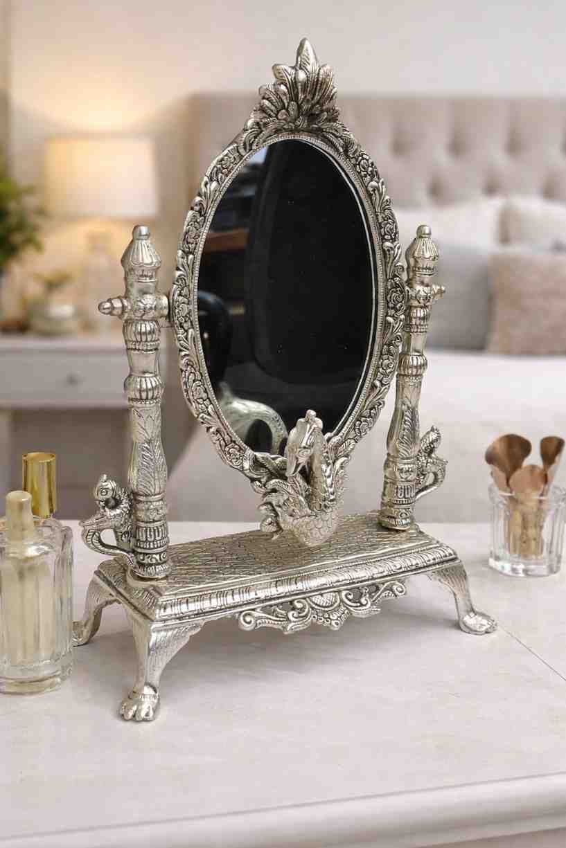 German Silver Decorative Peacock Table Mirror for Home Décor and Premium Gifting