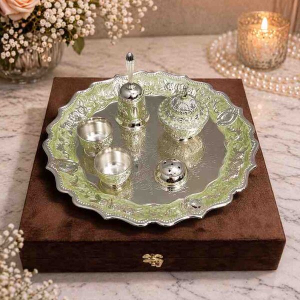 German Silver pooja thali with bell and bowls