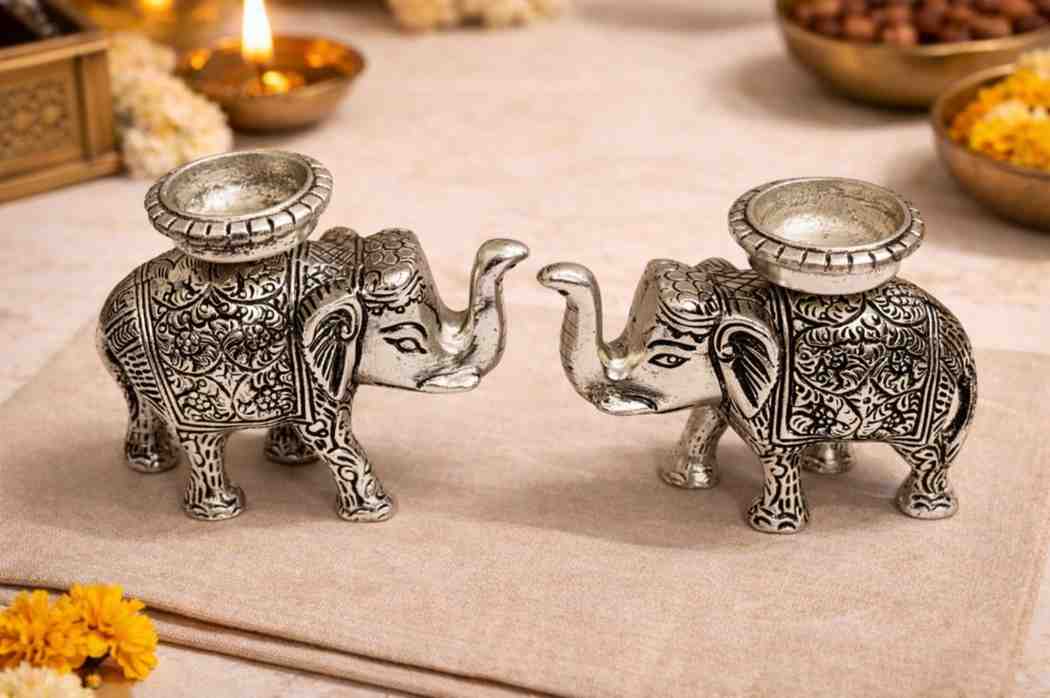 German Silver Elephant Tealight Holder Set – Premium Wedding Gift and Home Decor Gift Item